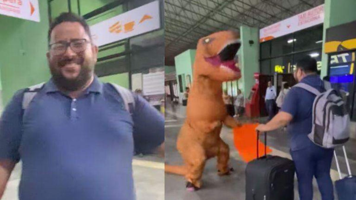 Hija sorprende a su papá vestida de dinosaurio; ocurrió en Tampico 